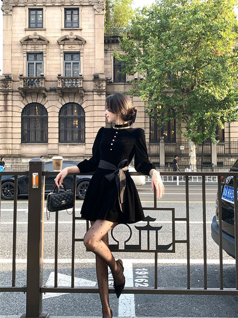 MY14912# 法式赫本风黑色丝绒长袖连衣裙高级感蝴蝶结收腰蓬蓬小黑裙女...