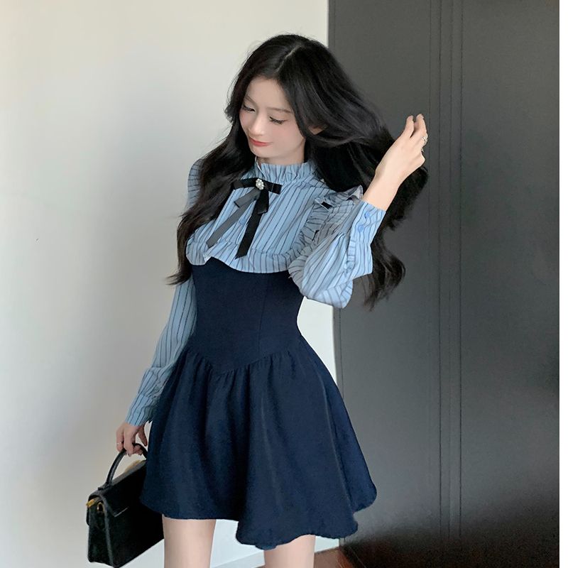 MY14909# 拼接高腰显瘦蓬蓬连衣裙女新款条纹长袖衬衫裙子短裙女裝貨源服裝批發