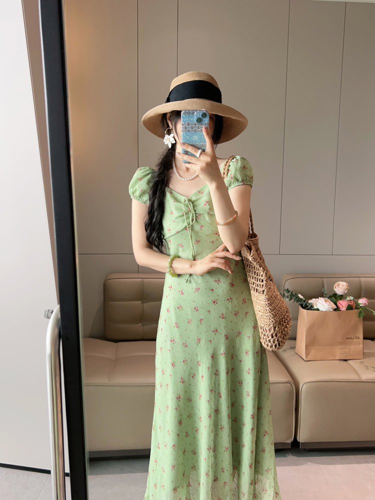 BY9179#法式复古方领绿色碎花短袖连衣裙女2025夏季新款收腰显瘦气质...