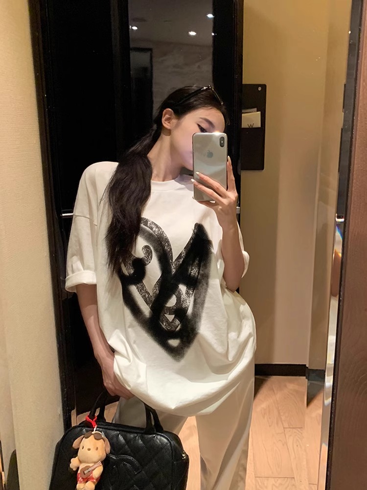 MY11322# 21支纯棉100%棉短袖T恤女宽松大码印花女裝貨源服裝批...