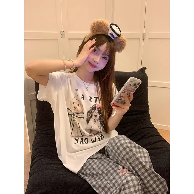 MY11318# 21支纯棉100%棉短袖T恤女宽松大码印花女裝貨源服裝批...