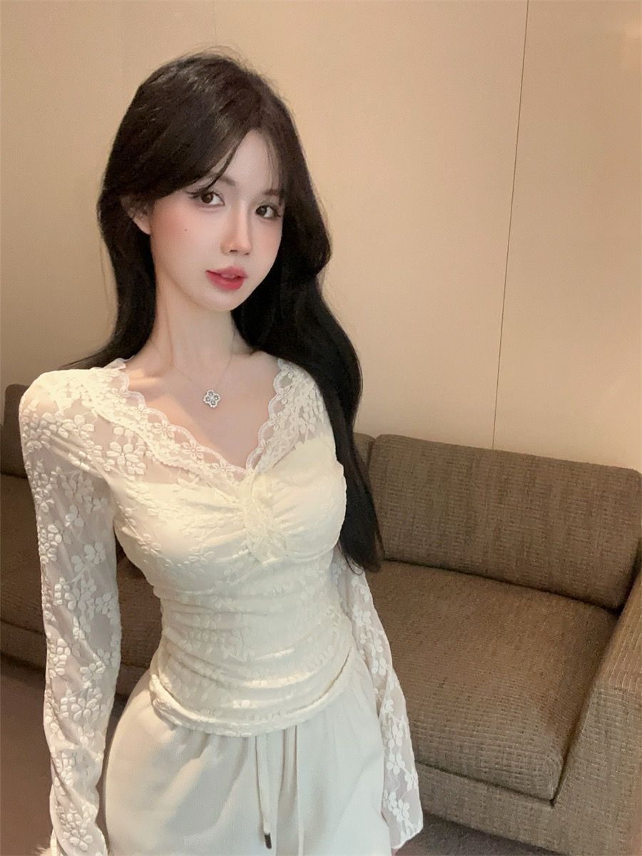 MY70144# 原版面料做法，内里加绒~纯欲风V领长袖蕾丝衫女显瘦短款内搭上衣女裝貨源服裝批發