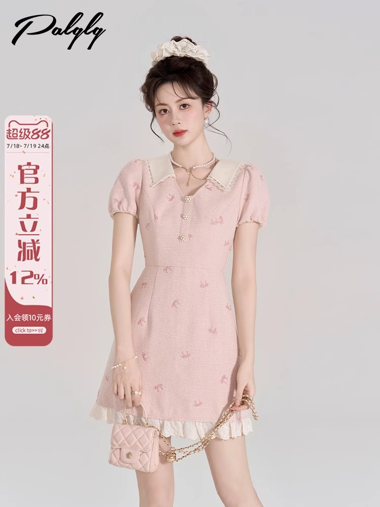 MY11558# 小香风粉色v领短袖连衣裙女夏季高级感蕾丝花边法式小个子甜美裙女裝貨源服裝批發
