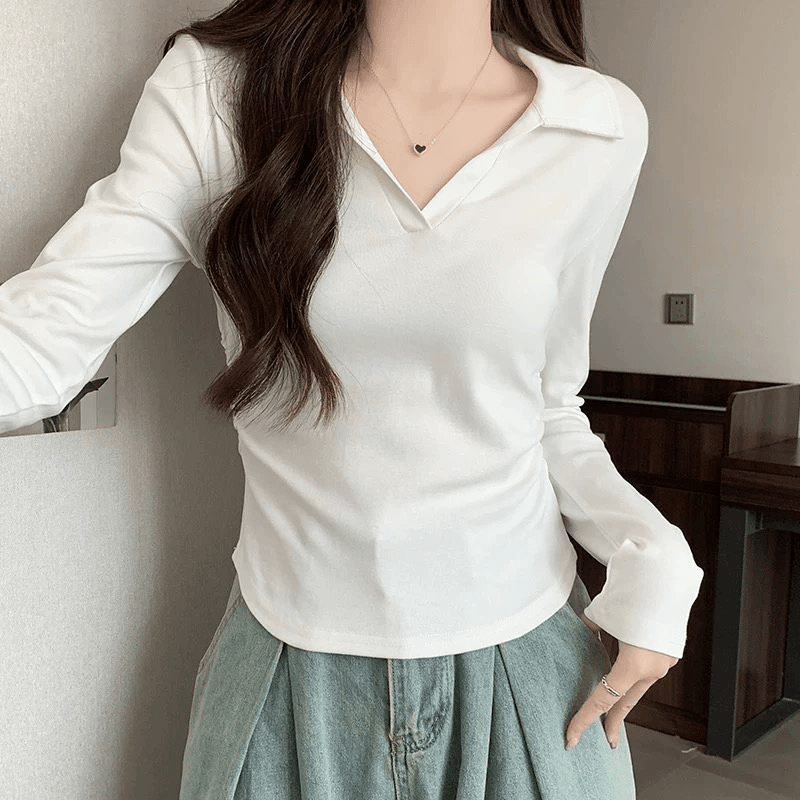 MY12795#  polo领修身百搭长袖t恤女春秋新款收腰抽褶设计感短款上衣女裝貨源服裝批發