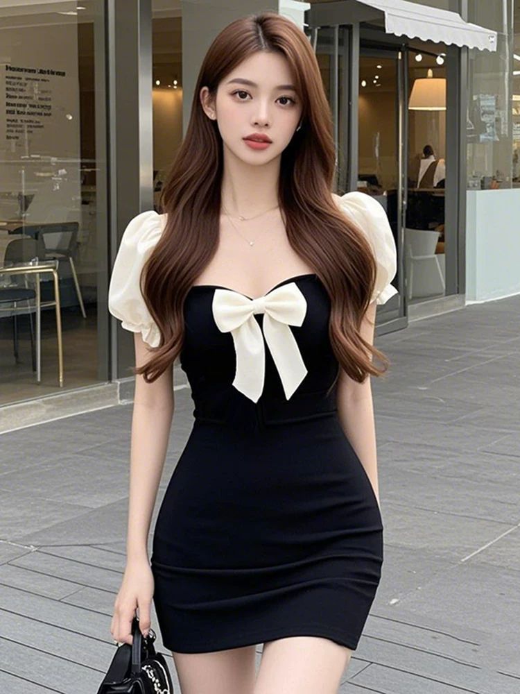 MY12231# 法式蝴蝶结方领泡泡袖连衣裙女夏季甜美森系褶皱收腰显瘦包臀...