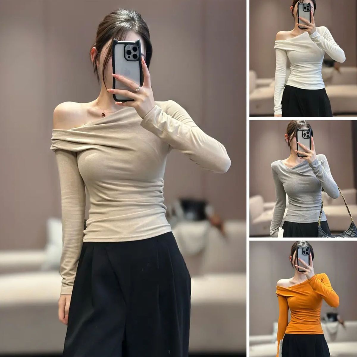 MY13897# 莫代尔人棉纯色长袖一字领秋季新款修身显瘦打底上衣女裝貨源服裝批發