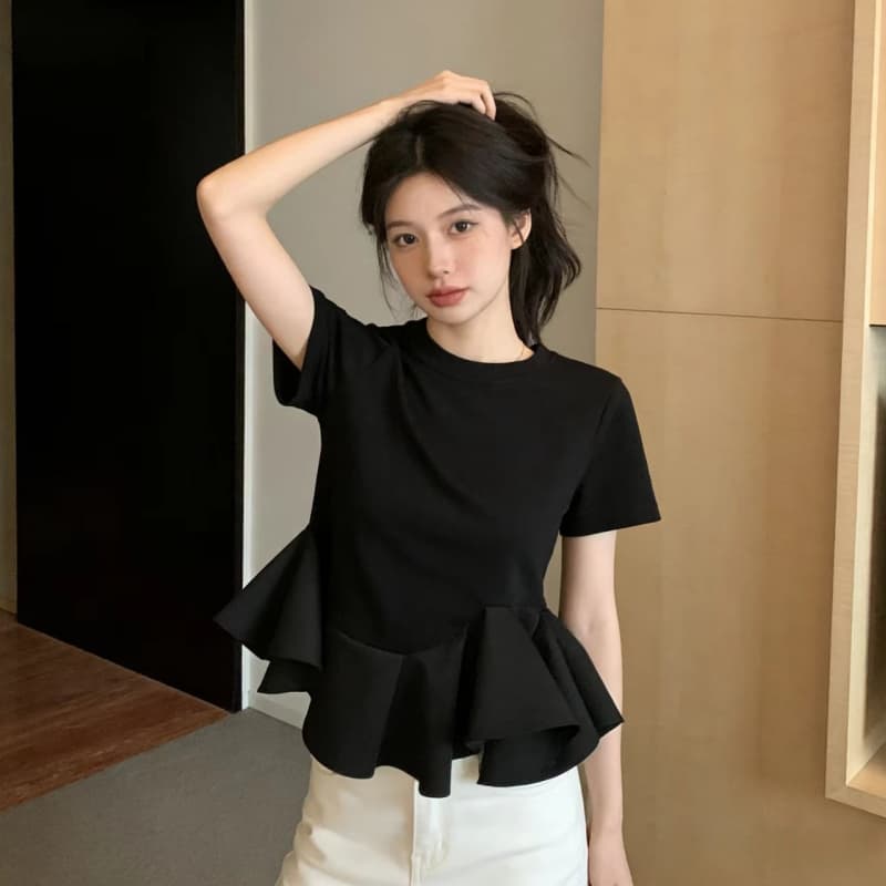 RY3342#韩版夏季新款不规则荷叶边拼接下摆短T女收腰上衣