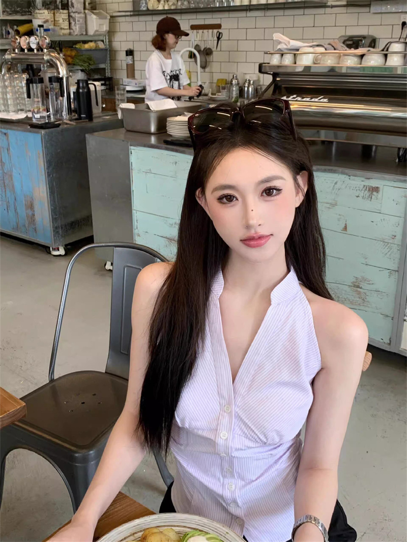 RY3032# 原版品质法式掐腰条纹无袖衬衫夏季修身设计感短款挂脖上衣女