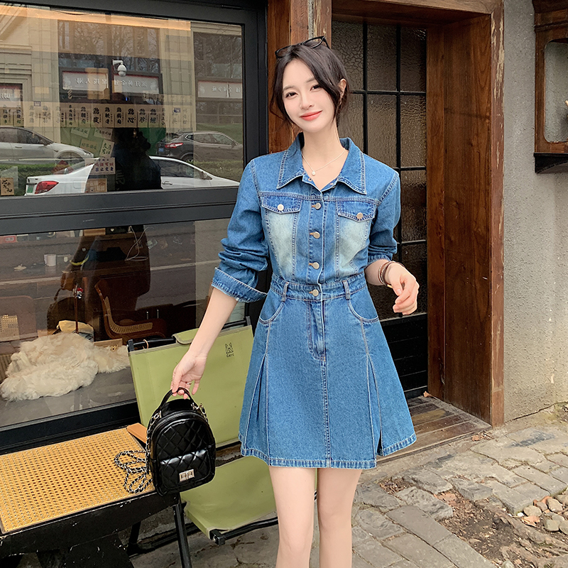 MY16436# 复古港风牛仔短袖连衣裙大码胖mm夏季收腰显瘦衬衫裙女女裝...