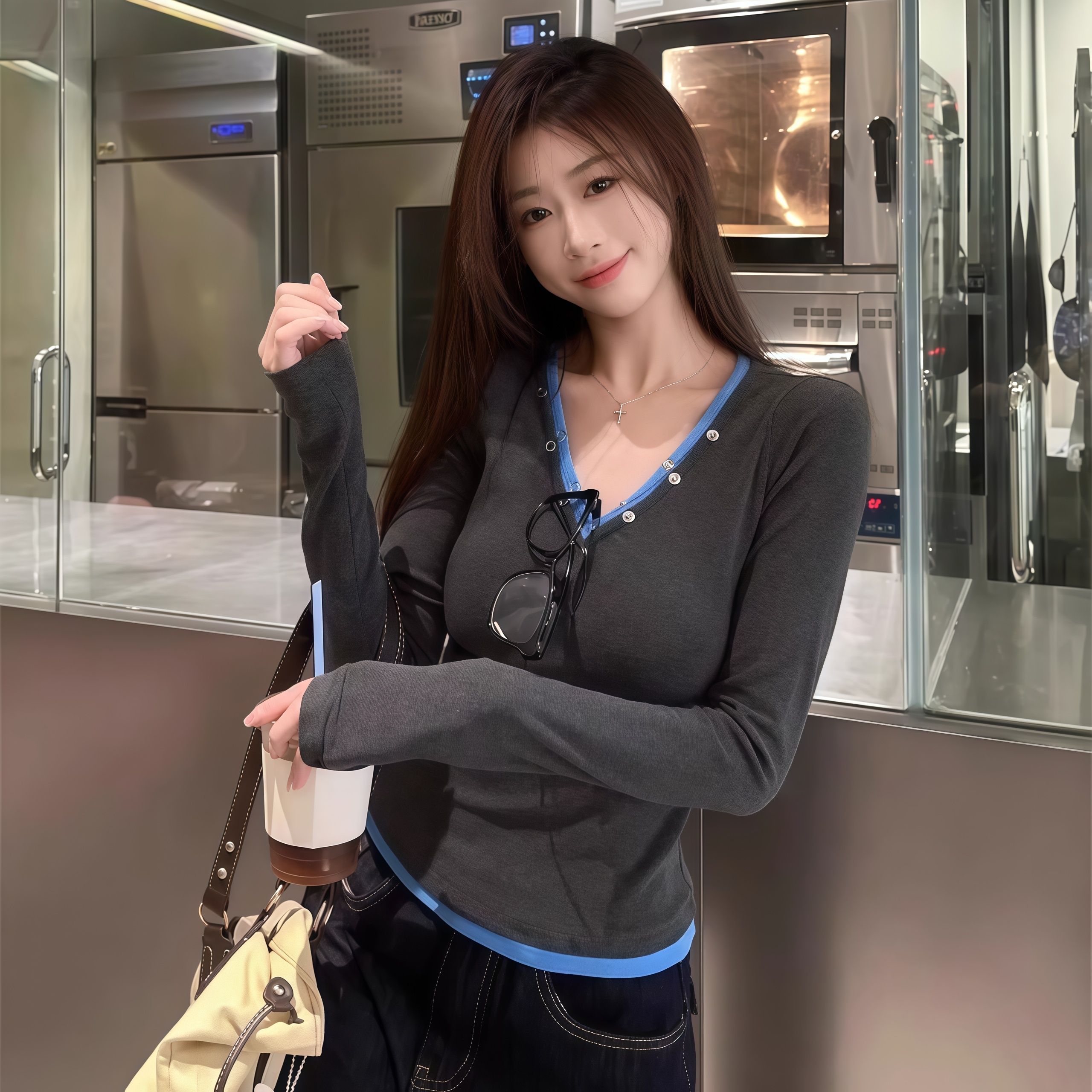 MY14410# 美式拼接撞色V领长袖T恤女内搭打底衫修身假两件上衣女裝貨...