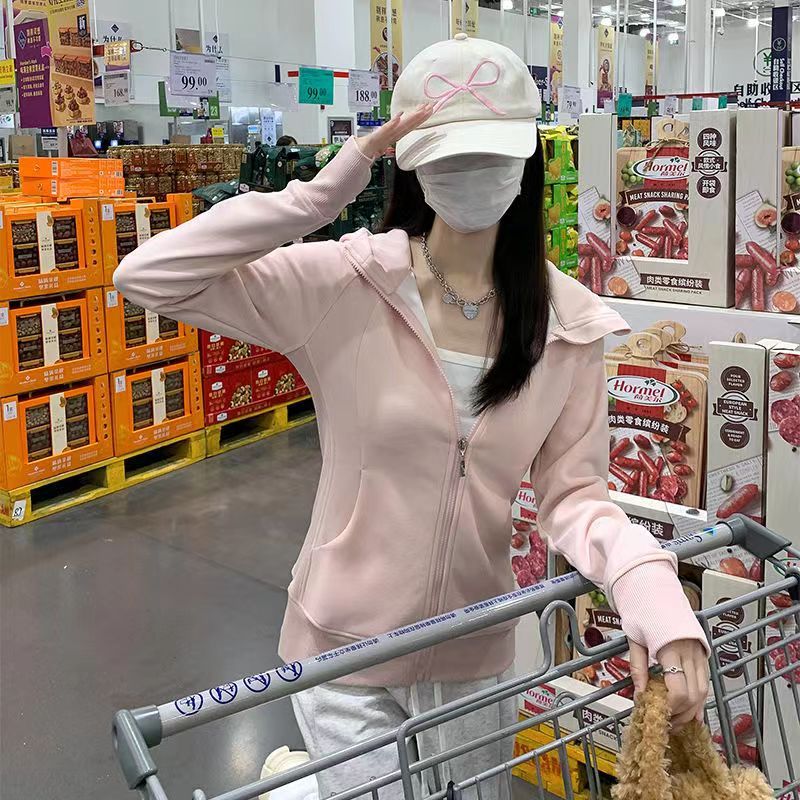 MY14764# 美式粉色连帽卫衣外套女新款拉链开衫短款上衣款女裝貨源服裝批發