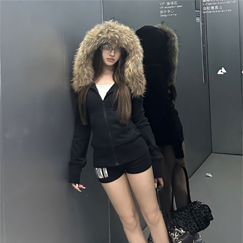 MY14937# 固定毛领连帽收腰加绒卫衣新款开衫拉链外套修身上衣女裝貨源...