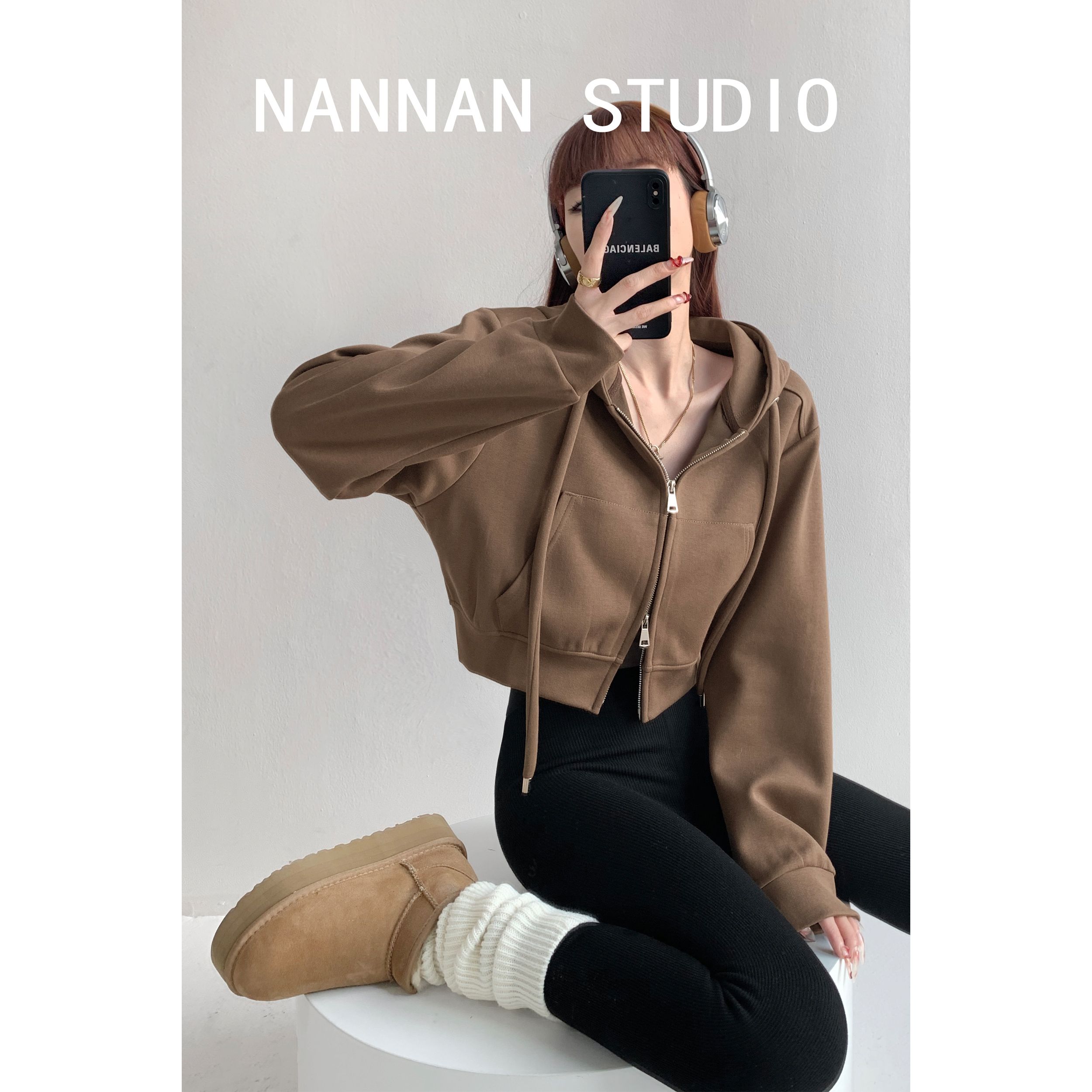 MY14763# 韩国东大门拉链短款露脐插兜帽衫女春秋宽松拉链连帽卫衣女裝貨源服裝批發