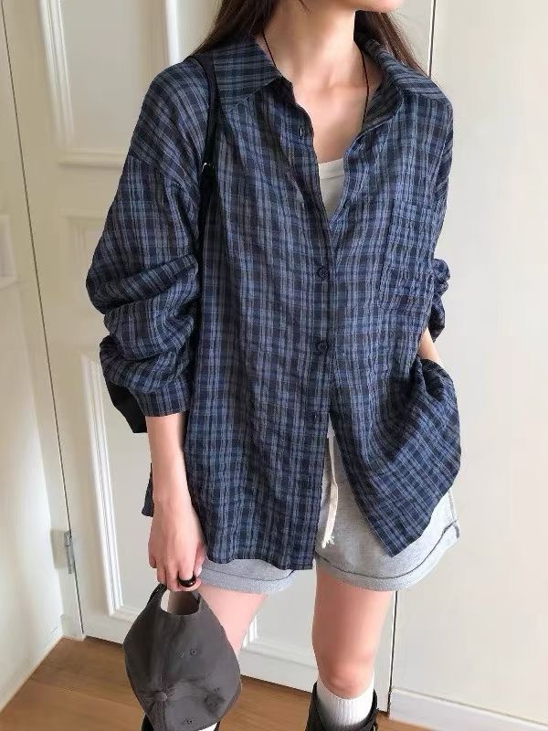 有货chic新款复古格子衬衫女宽松休闲百搭长袖衬衣