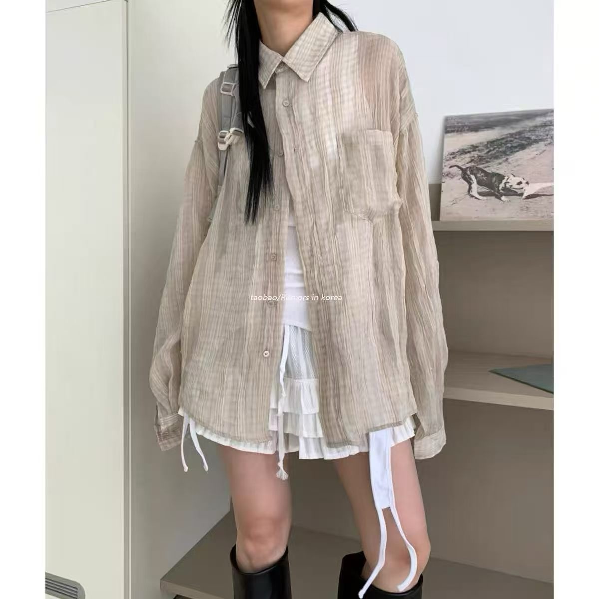 复古压褶微皱微透条纹长袖衬衫夏季新款防晒罩衫宽松时尚休闲衬衣