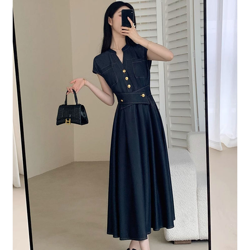 FA33100# 新款连衣裙女夏季裙子微胖显瘦气质上班通勤仿牛仔连衣裙 服裝批發女裝批發服飾貨源