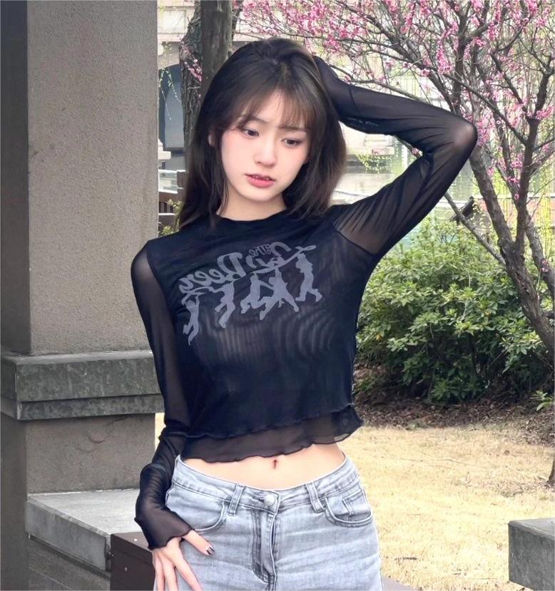 MY14235# 甜酷辣复古波边网纱T恤女短款春夏半透视长袖打底衫美式辣妹...