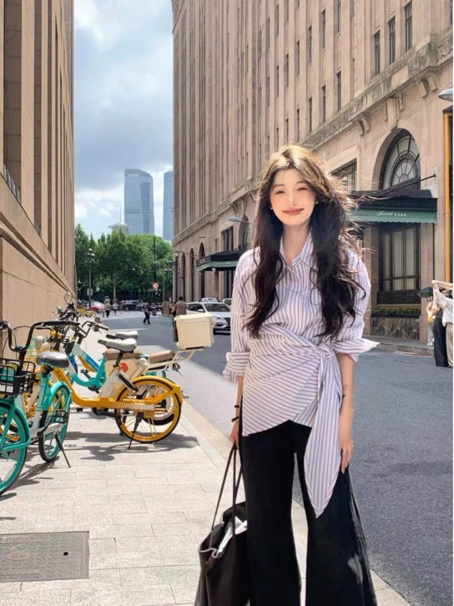 MY14236# 设计感不规则绑带开叉条纹衬衫女春季新款高级感长袖衬衣女裝貨源服裝批發