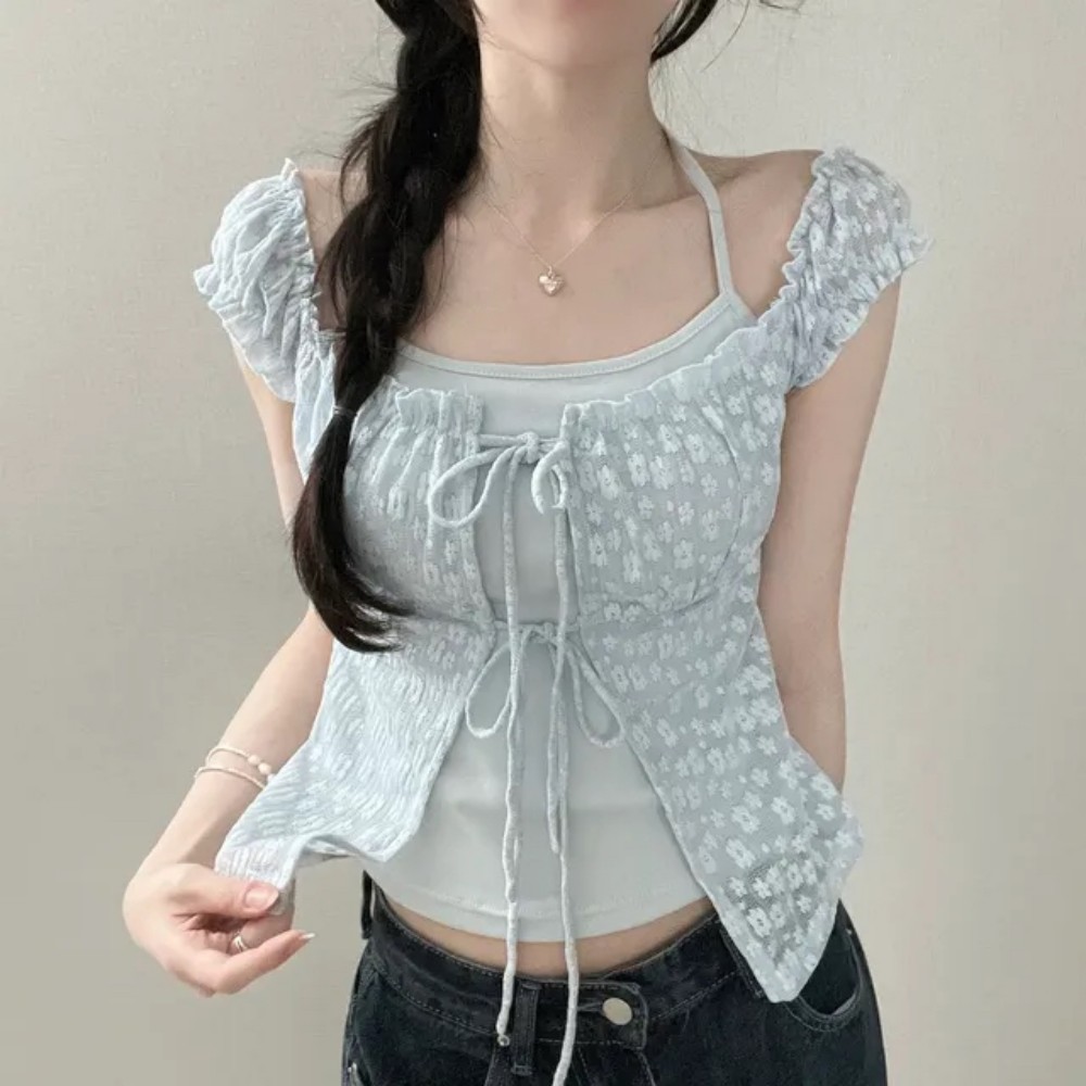 MY11130# 雪纺衫女夏韩版设计感小众蕾丝碎花假两件挂脖短款绑带短袖上衣女女裝貨源服裝批發
