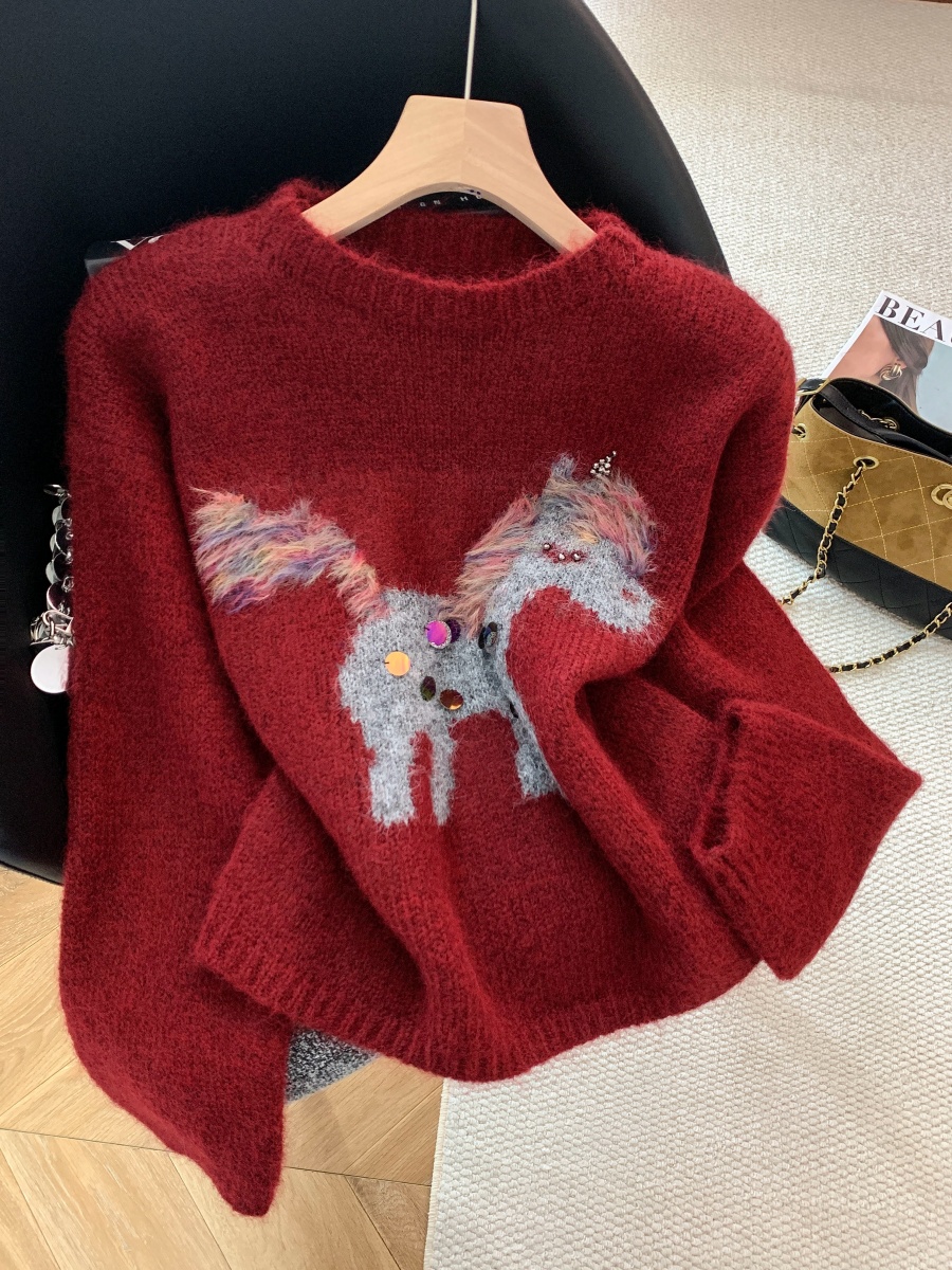 MY15645# 高级感慵懒风减龄卡通提花毛衣新款软糯百搭宽松上衣女裝貨源服裝批發