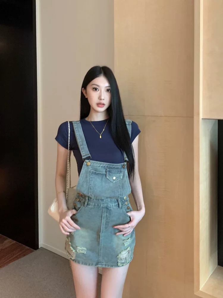 MY8834# 美式复古破洞牛仔背带裙女夏季新款时尚洋气减龄A字半身短裙女裝貨源服裝批發
