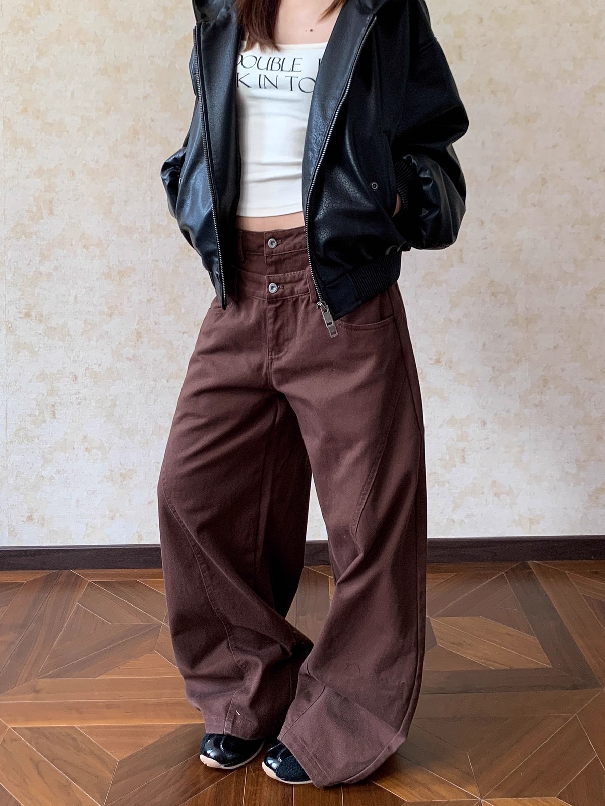 美式復古設計感雙腰頭休閑褲女春秋cleanfit直筒堆積感牛仔褲長褲