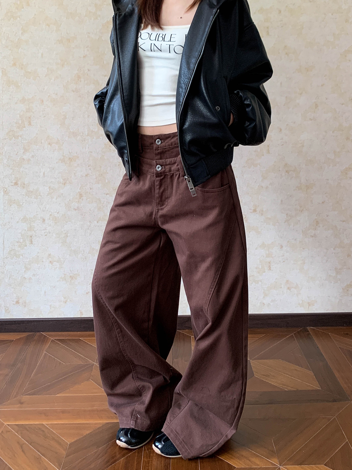 美式復古設計感雙腰頭休閑褲女春秋cleanfit直筒堆積感牛仔褲長褲