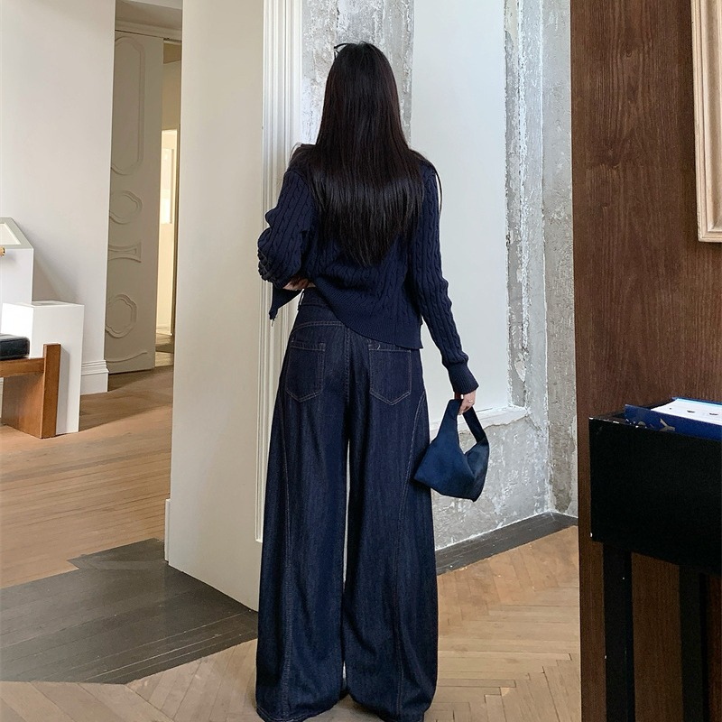實拍 深藍色彎刀牛仔褲女2025秋季高腰顯瘦時尚百搭闊腿拖地褲