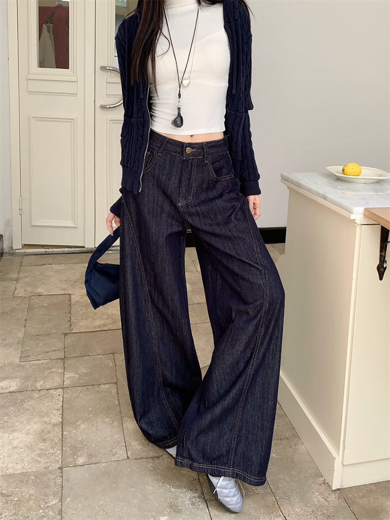 實拍 深藍色彎刀牛仔褲女2025秋季高腰顯瘦時尚百搭闊腿拖地褲