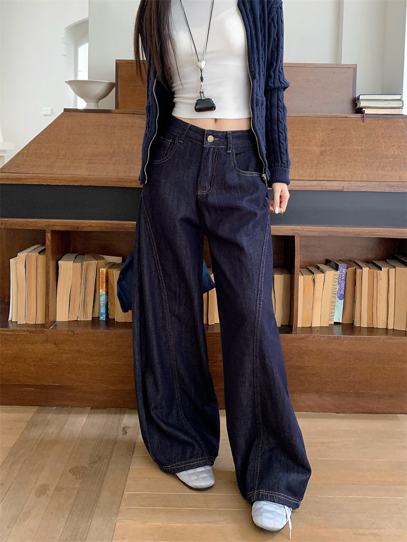 實拍 深藍色彎刀牛仔褲女2025秋季高腰顯瘦時尚百搭闊腿拖地褲