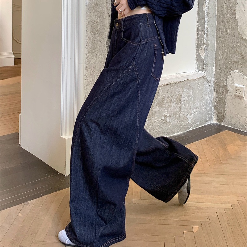 實拍 深藍色彎刀牛仔褲女2025秋季高腰顯瘦時尚百搭闊腿拖地褲