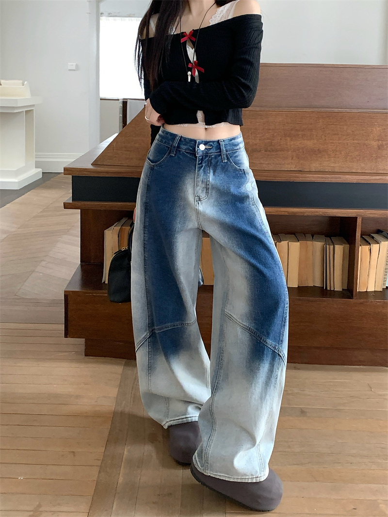 實拍 漸變色復古水洗垂感牛仔褲女秋季新款街頭解構垂感闊腿長褲