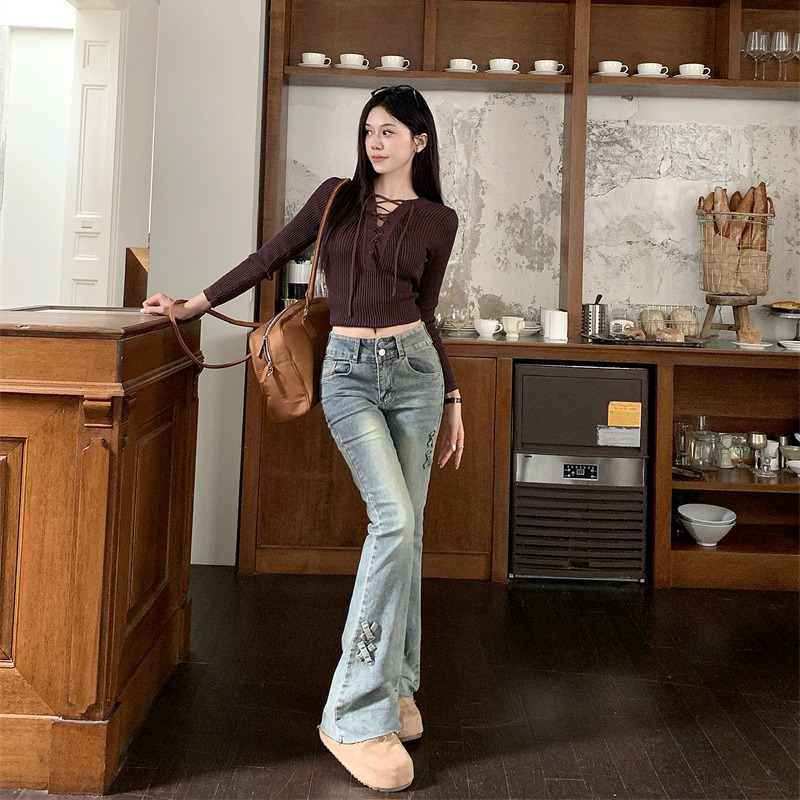 實拍 復古高腰微喇牛仔褲秋季新款修身小個子馬蹄梨型身材喇叭褲