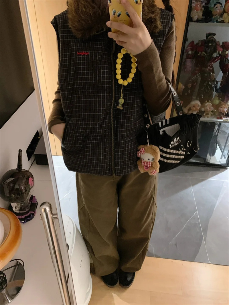 美式復古闊腿咖色牛仔褲女