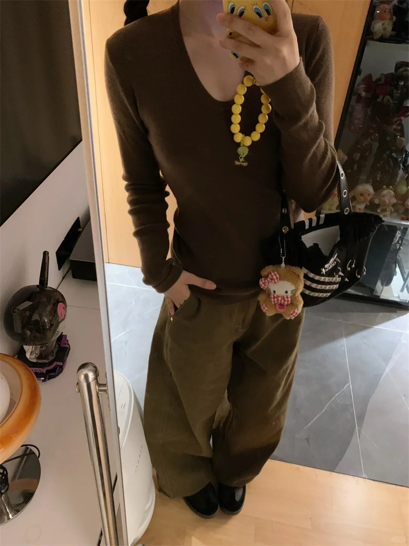 美式復古闊腿咖色牛仔褲女