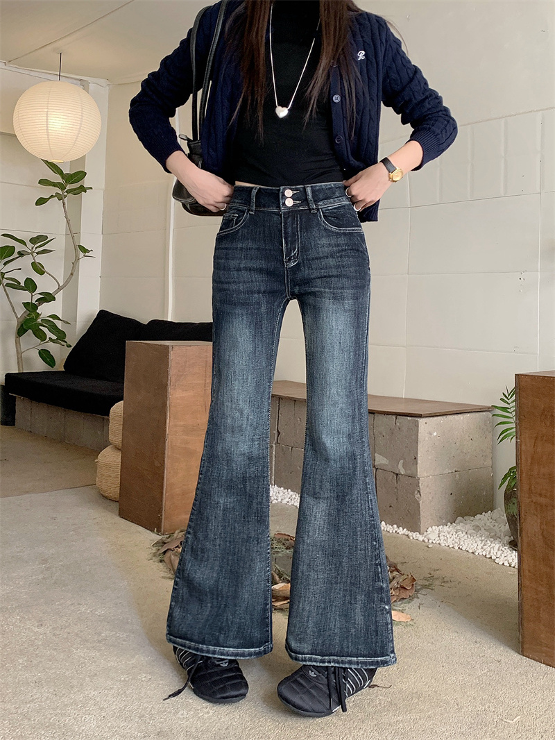 實拍 美式復古藍灰為喇叭褲雙扣彈力高腰修身顯瘦牛仔褲女