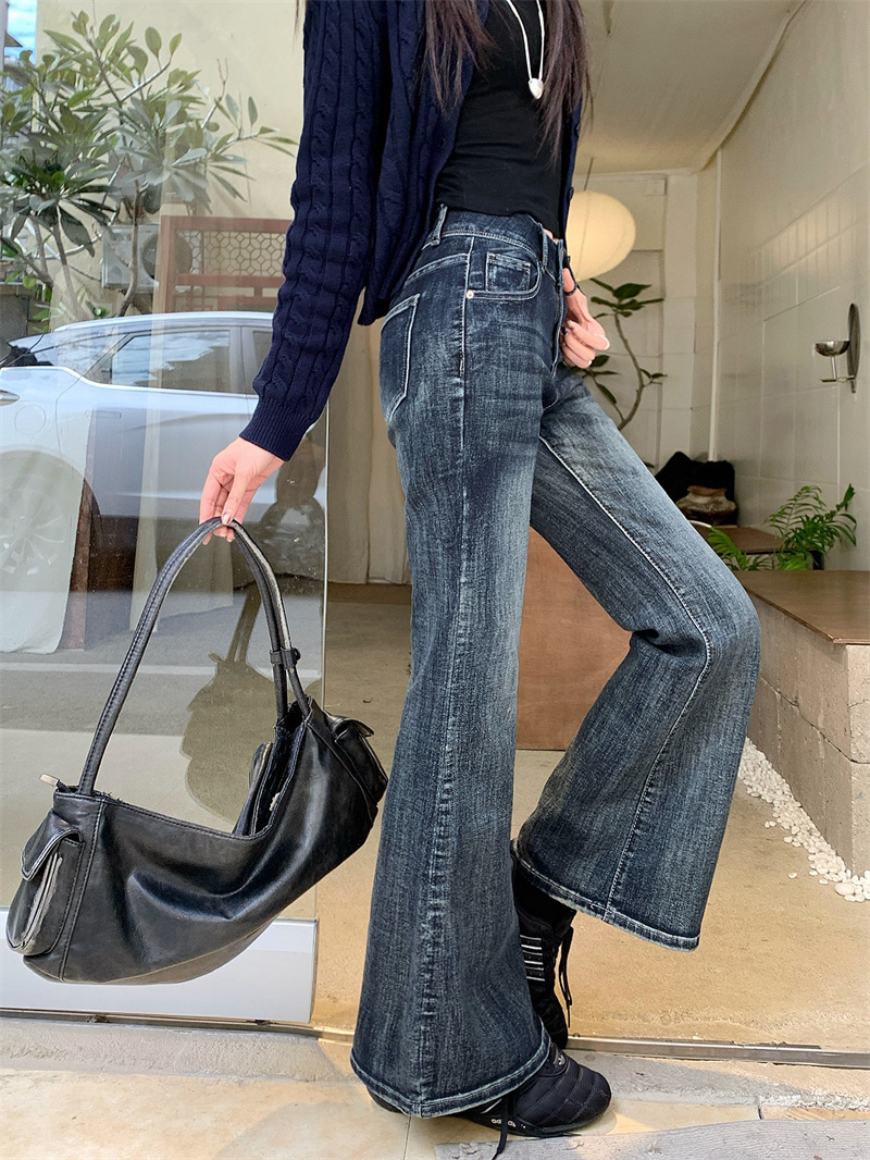 實拍 美式復古藍灰為喇叭褲雙扣彈力高腰修身顯瘦牛仔褲女