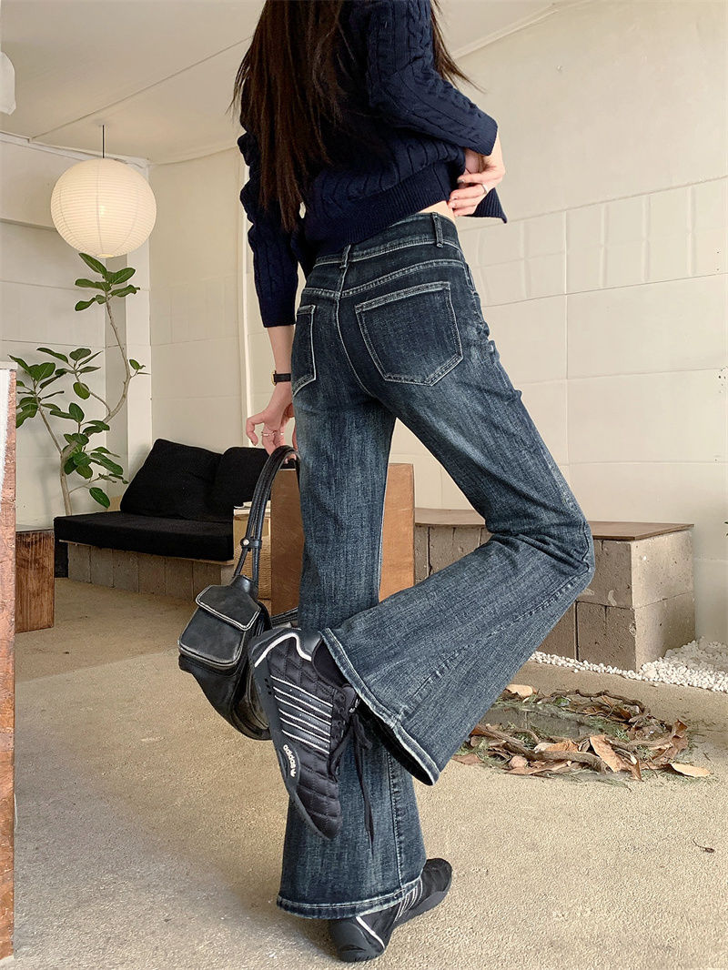 實拍 美式復古藍灰為喇叭褲雙扣彈力高腰修身顯瘦牛仔褲女
