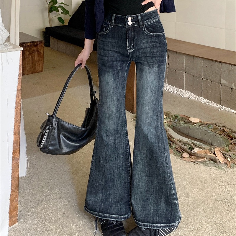 實拍 美式復古藍灰為喇叭褲雙扣彈力高腰修身顯瘦牛仔褲女
