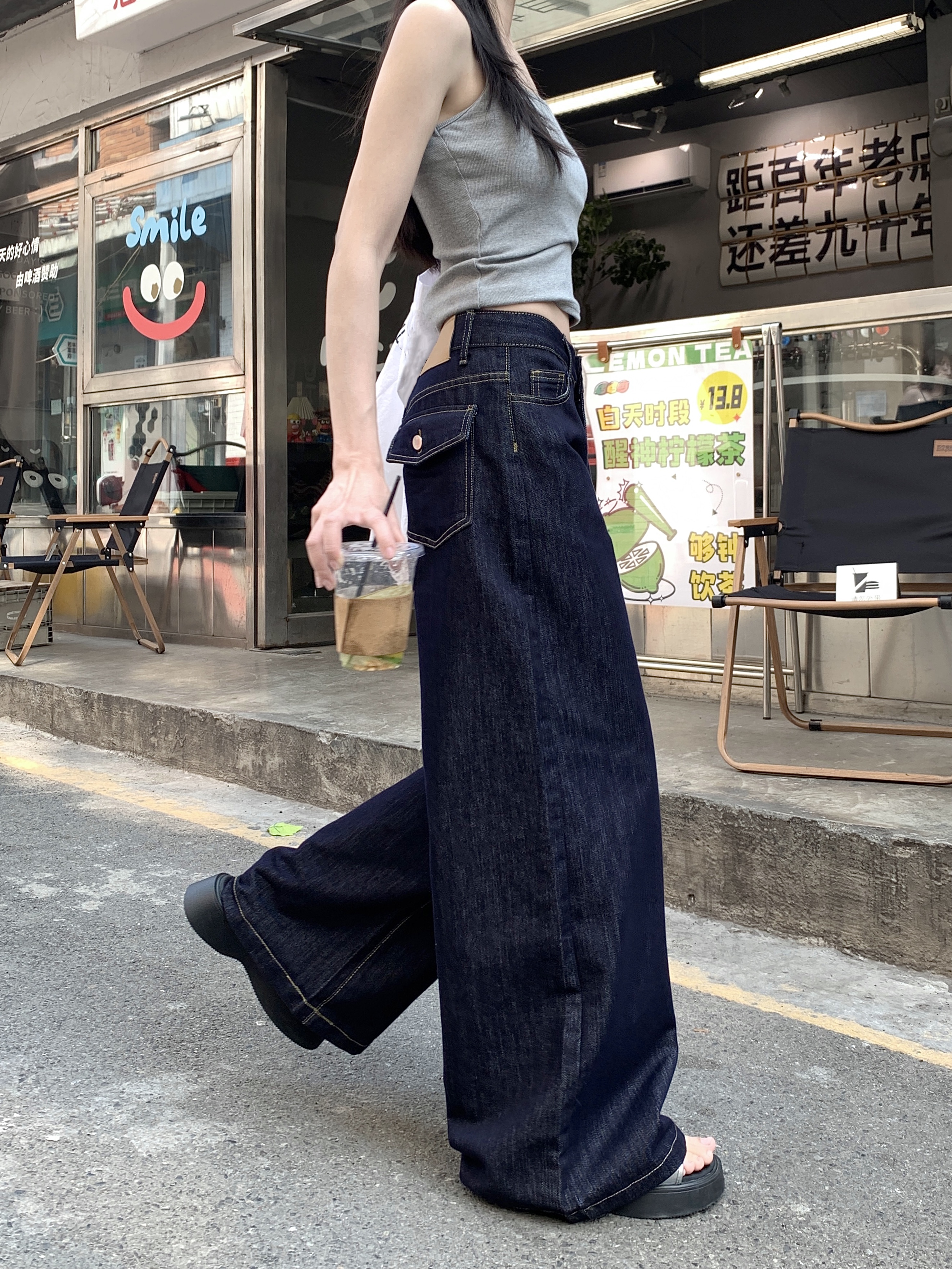 深藍色設計感寬松闊腿拖地牛仔褲女