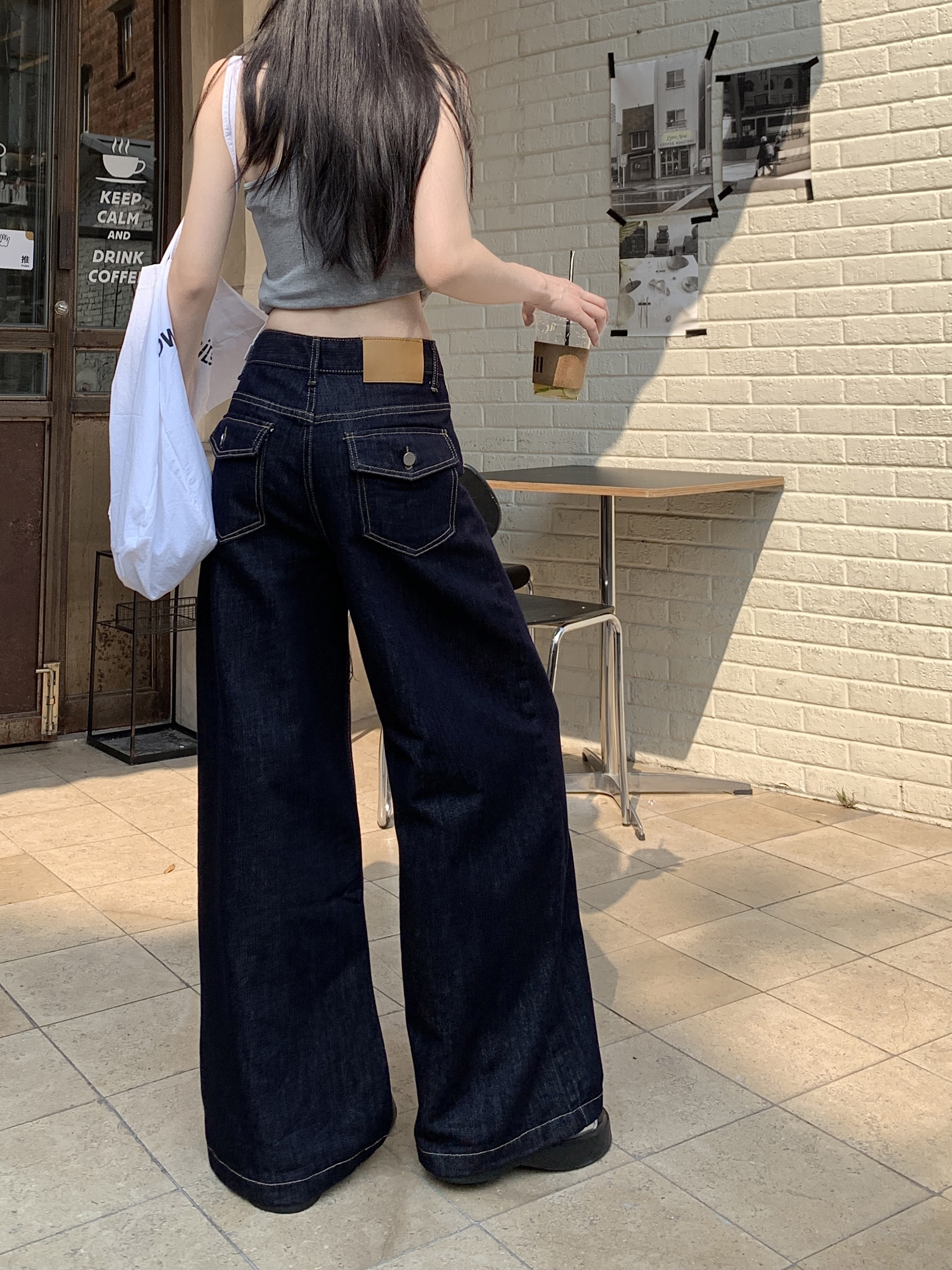 深藍色設計感寬松闊腿拖地牛仔褲女