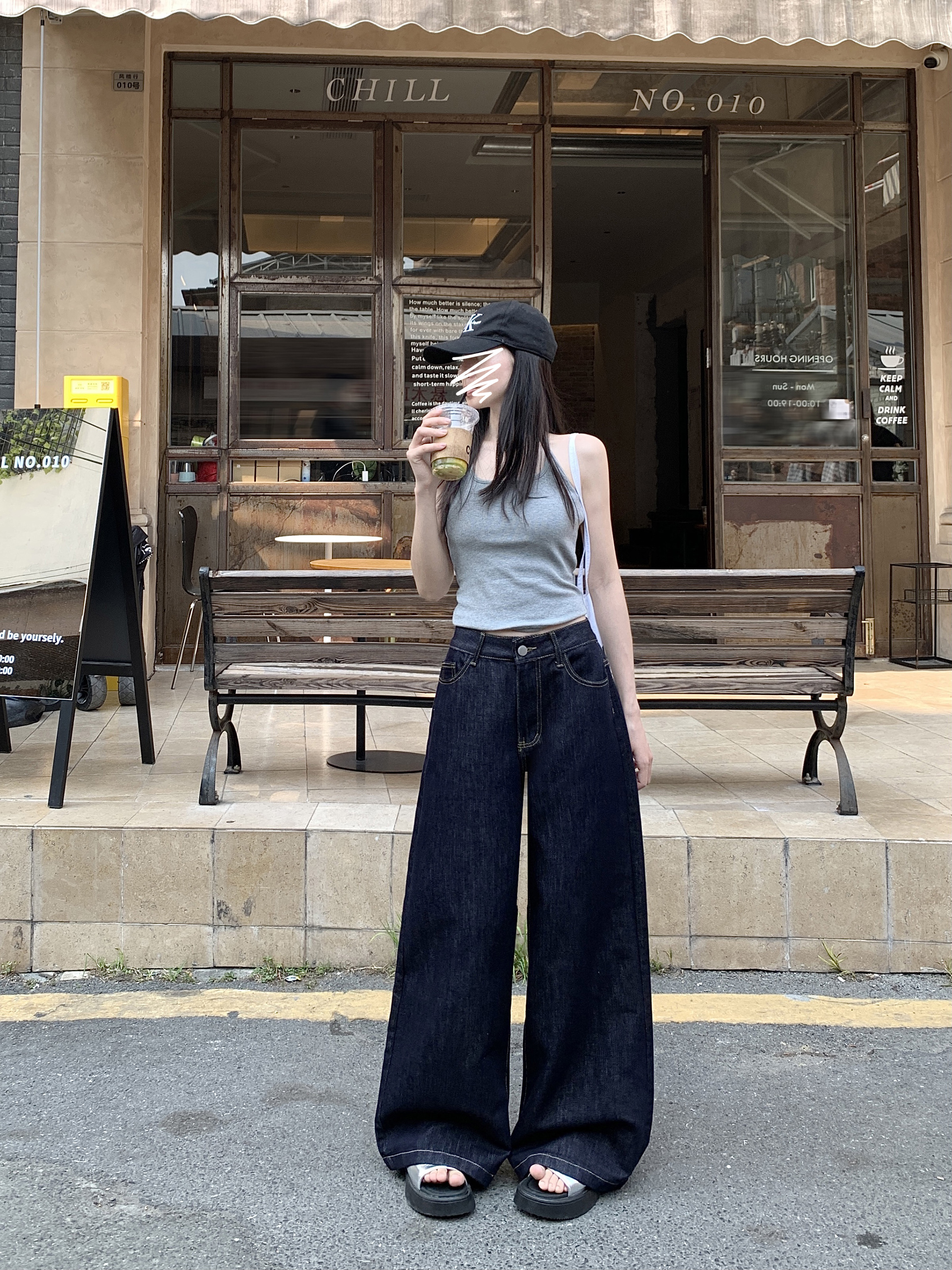 深藍色設計感寬松闊腿拖地牛仔褲女