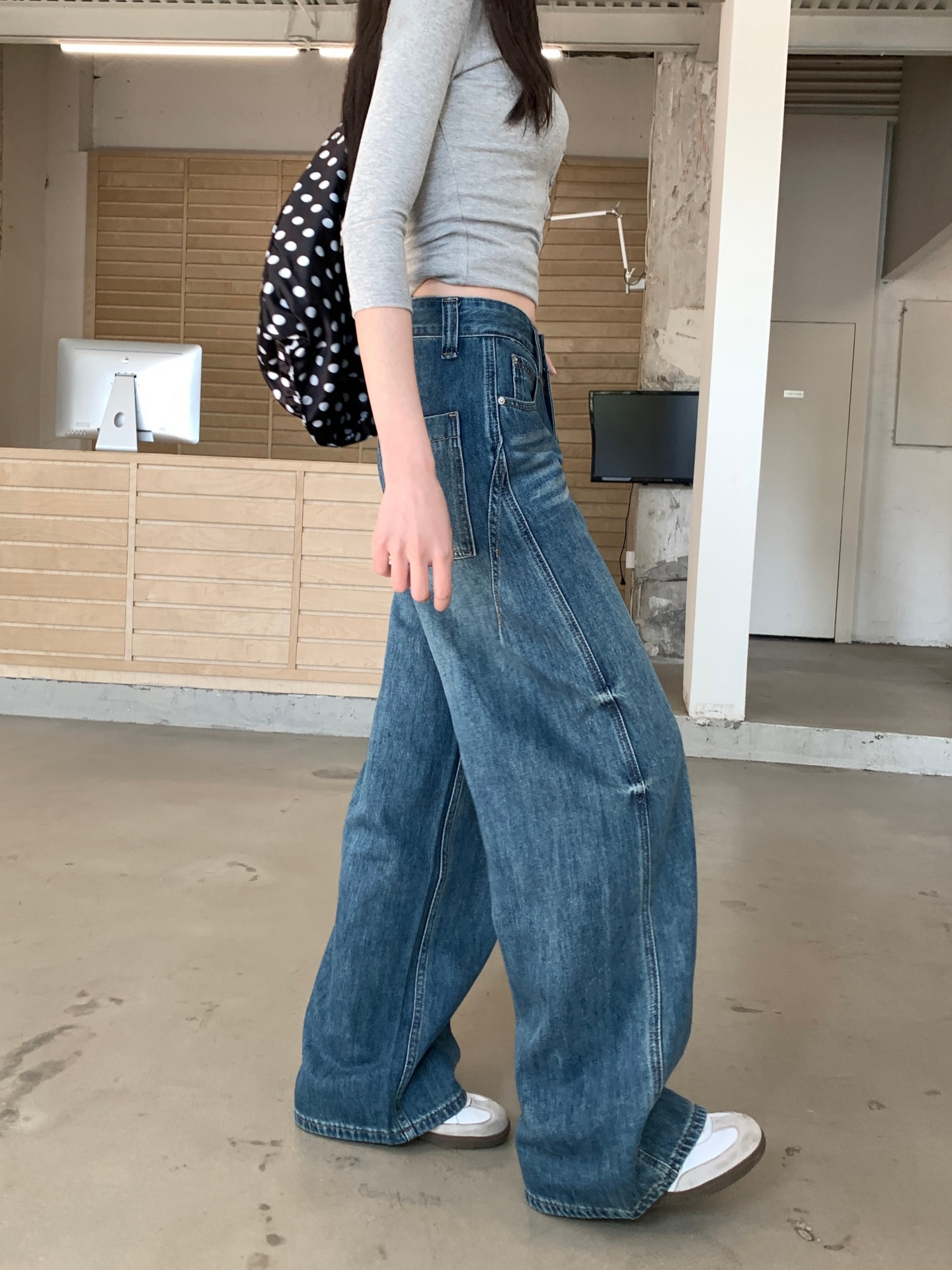 土耳復古高腰寬松做舊彎刀直筒闊腿拖地牛仔褲女