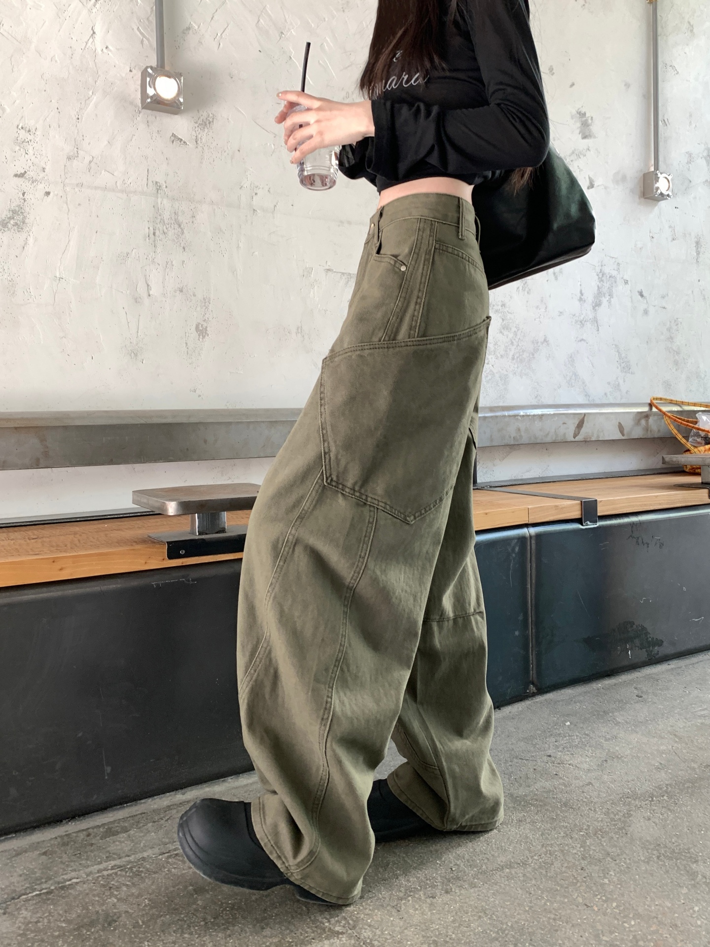 十三行品質口袋闊腿牛仔高腰寬松垂感鐮刀褲