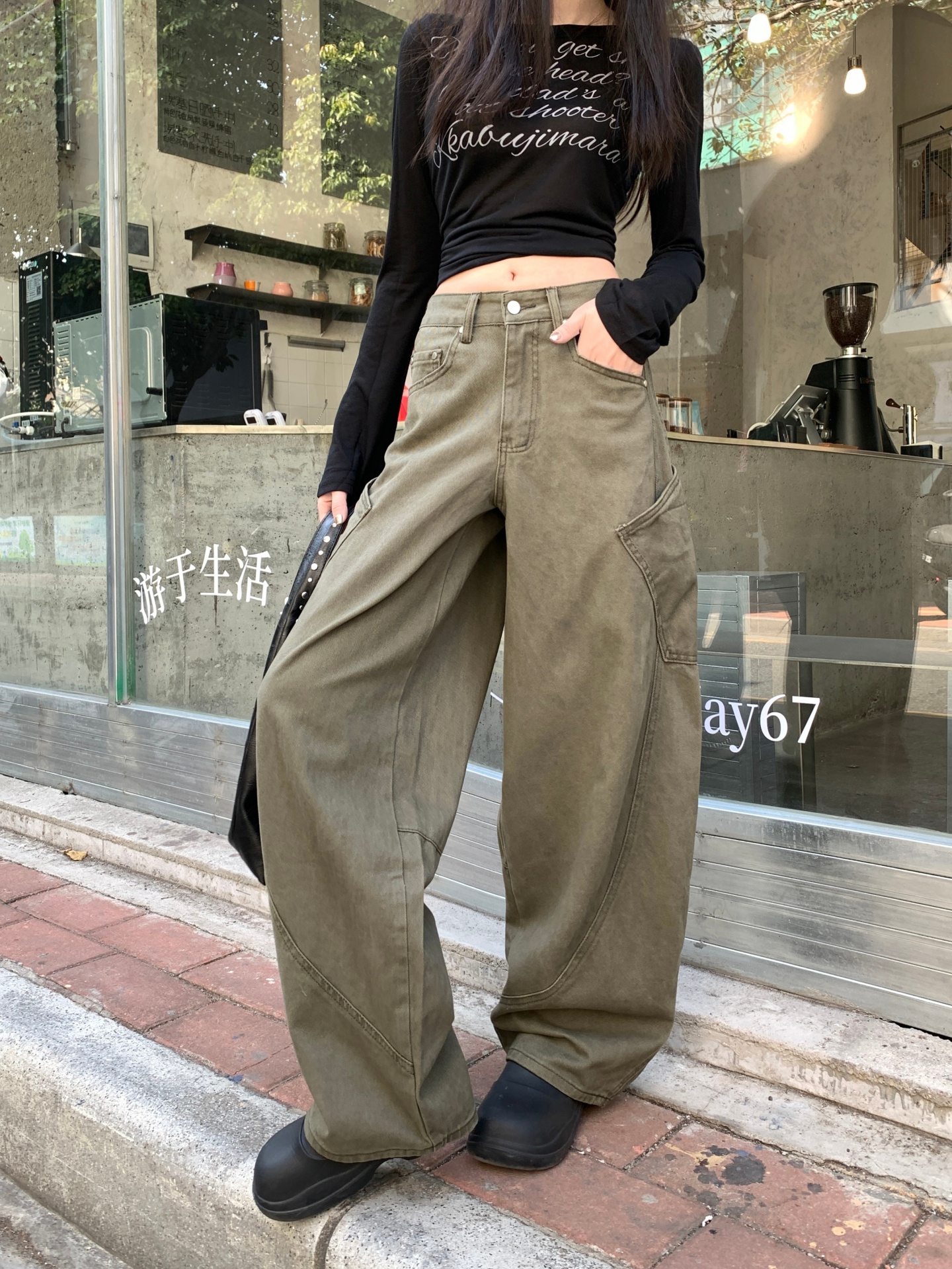 十三行品質口袋闊腿牛仔高腰寬松垂感鐮刀褲