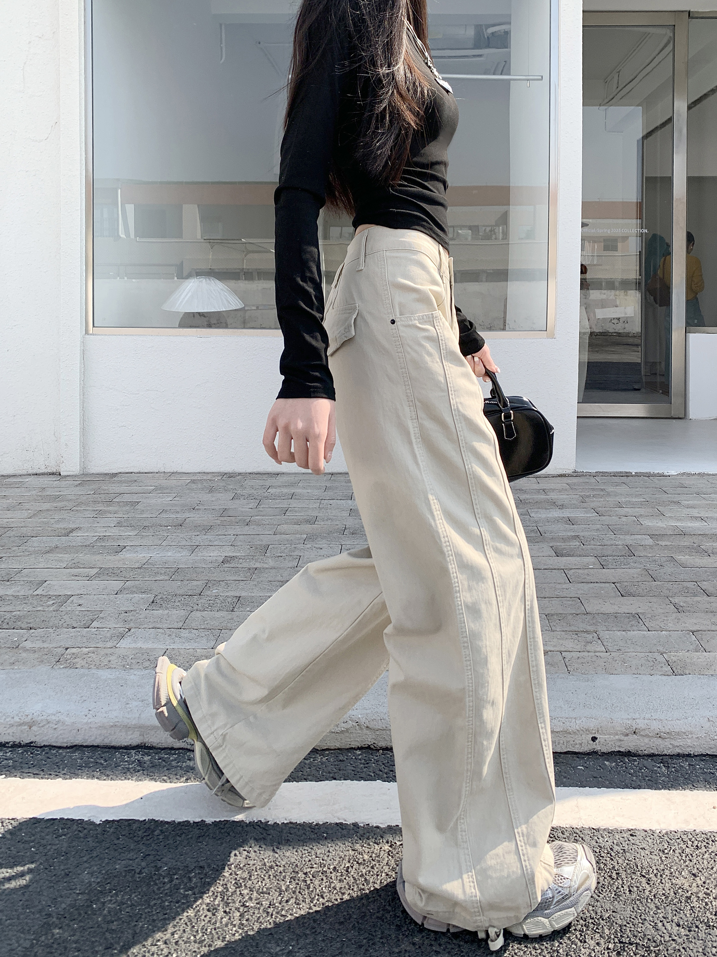 米杏色闊腿工裝褲女美式設計感高腰寬松顯瘦直筒褲子