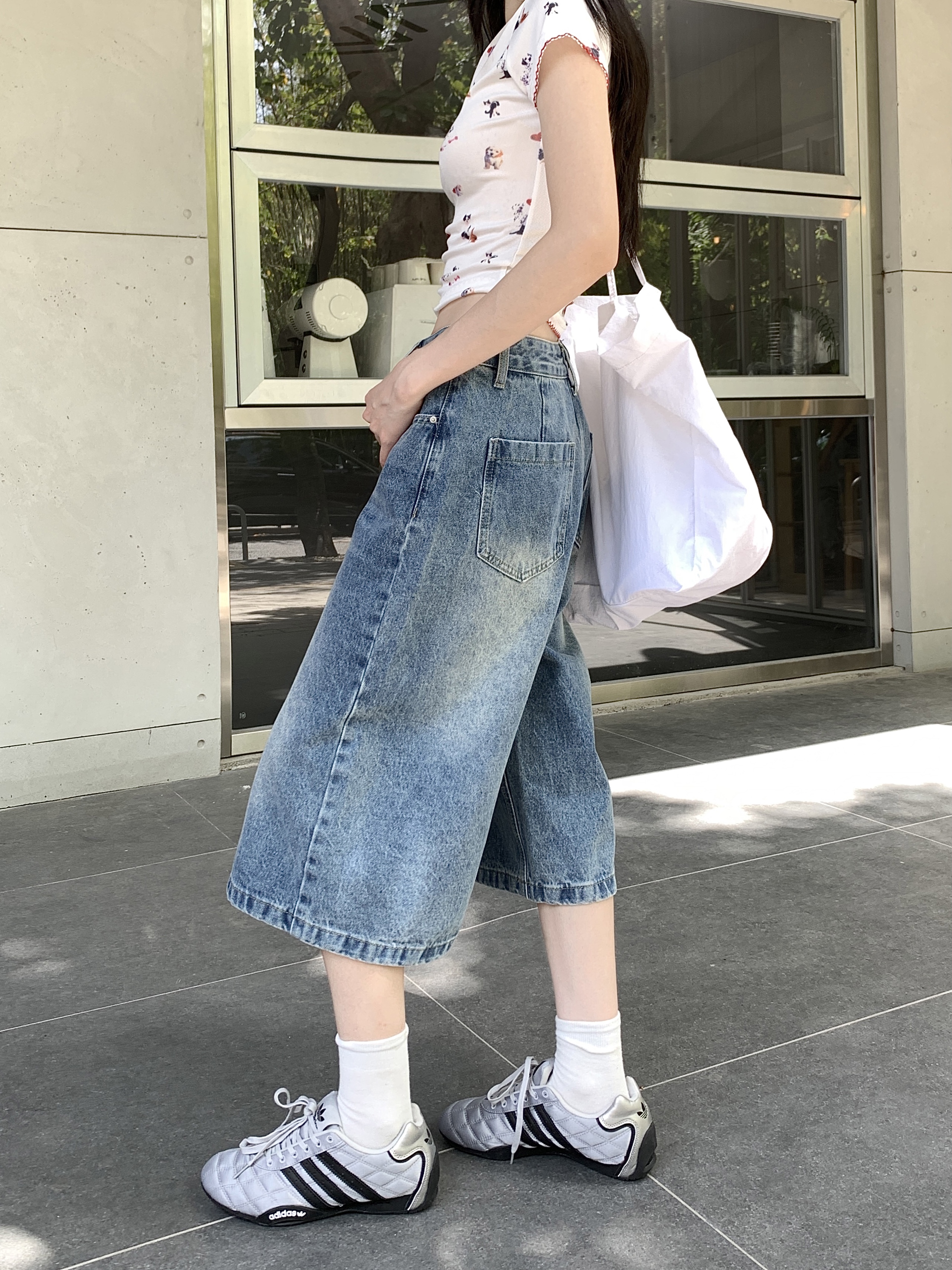 淺色復古高腰寬松直筒闊腿七分牛仔短褲女