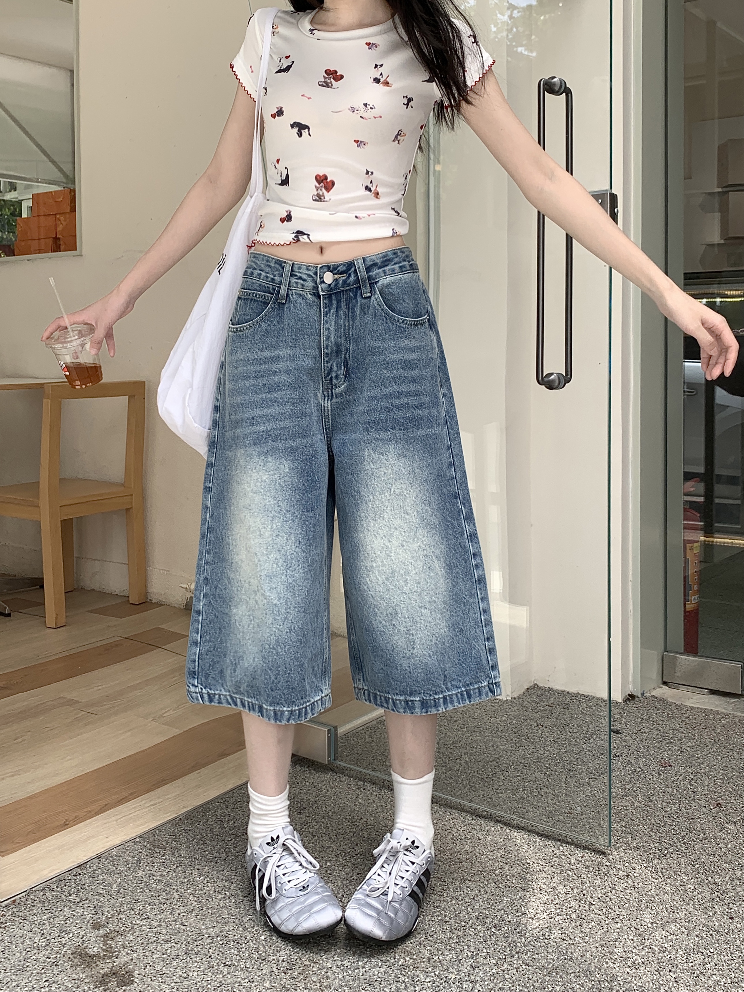 淺色復古高腰寬松直筒闊腿七分牛仔短褲女