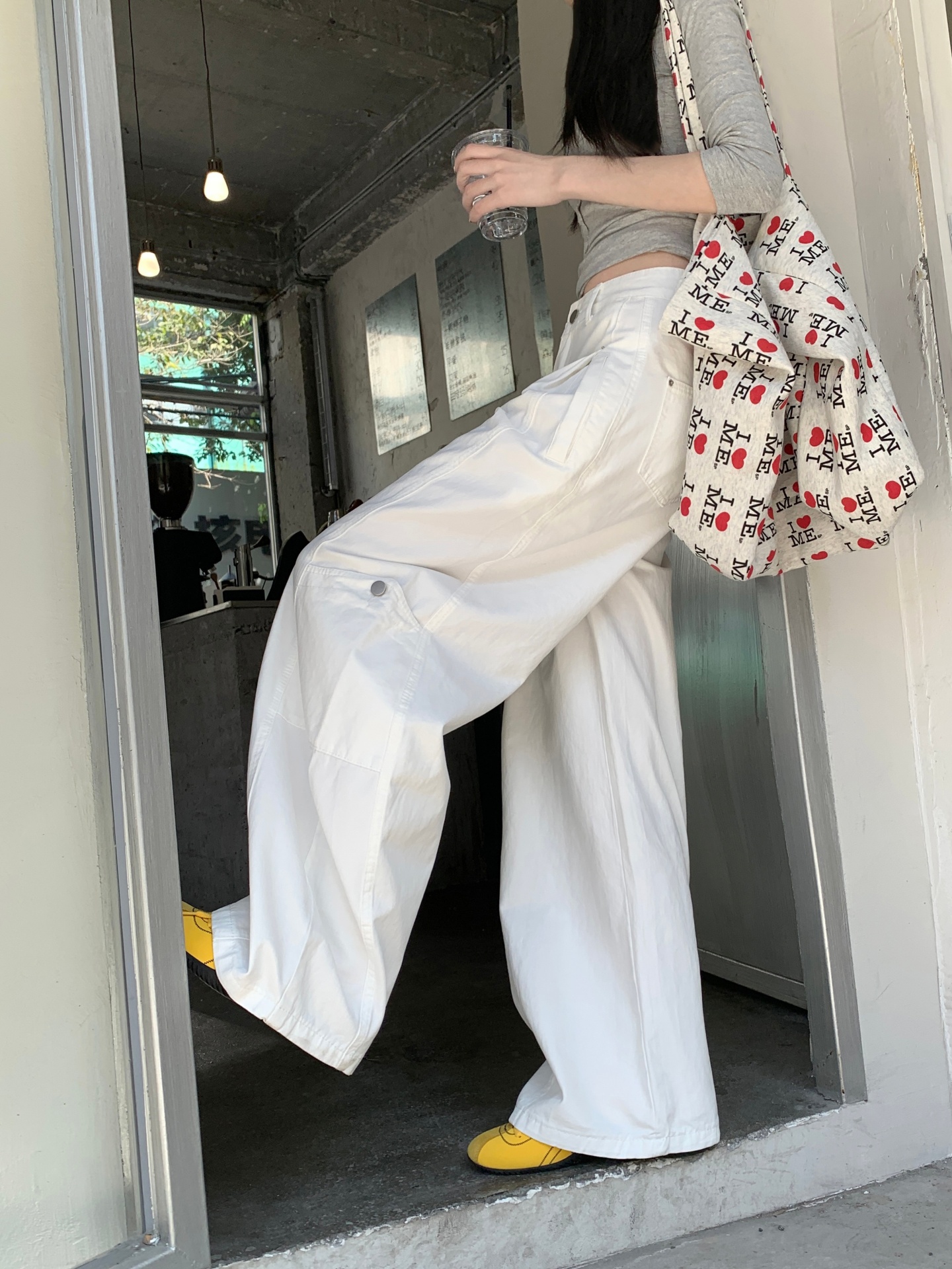 美式工裝休閑褲女寬松直筒闊腿彎刀褲