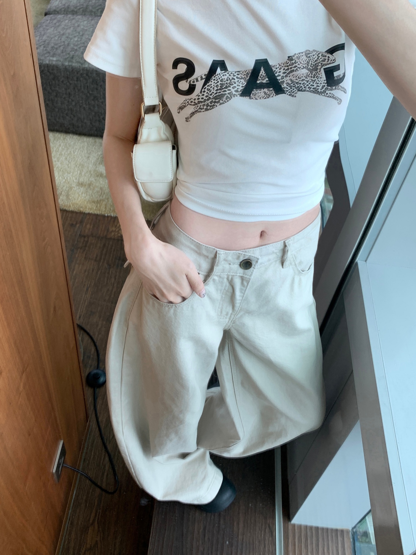夏季洗褪珠帆布面料低腰顯瘦寬松闊腿休閑牛仔褲